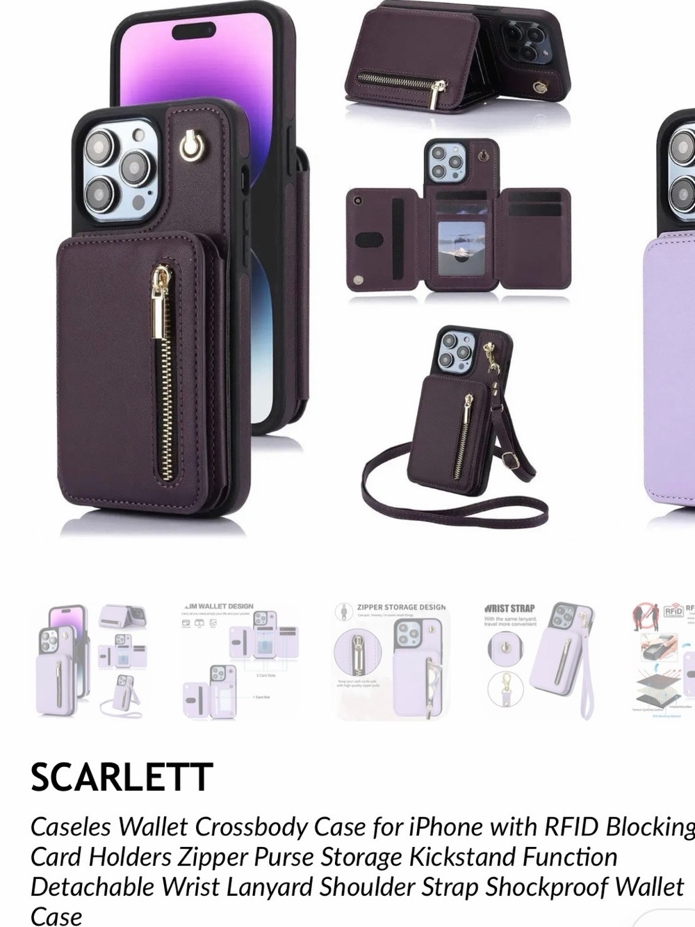 Scarlett Purple Wallet Crossbody Phone Case with Zippered Pocket & Strap